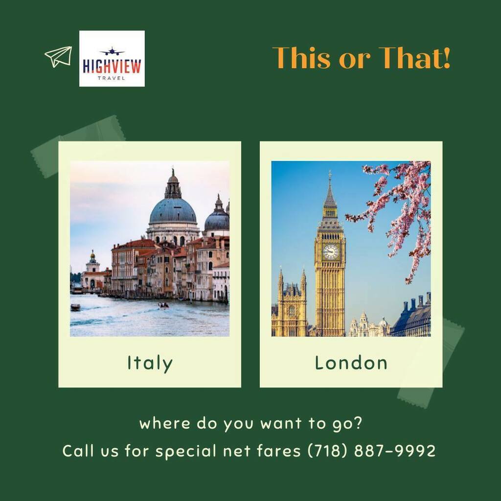 Where would you like us to take you? London 🇬🇧, or Italy 🇮🇹? We have special net fares 💺  for both. Call Us Today 📞 (718) 887-9222 or Highviewtravel.com 
#LuxuryTravel #HighviewTravel #Consolidator #Airfares #BusinessClassFlights #FridayVibes #FridayMotivation #FridayFee…