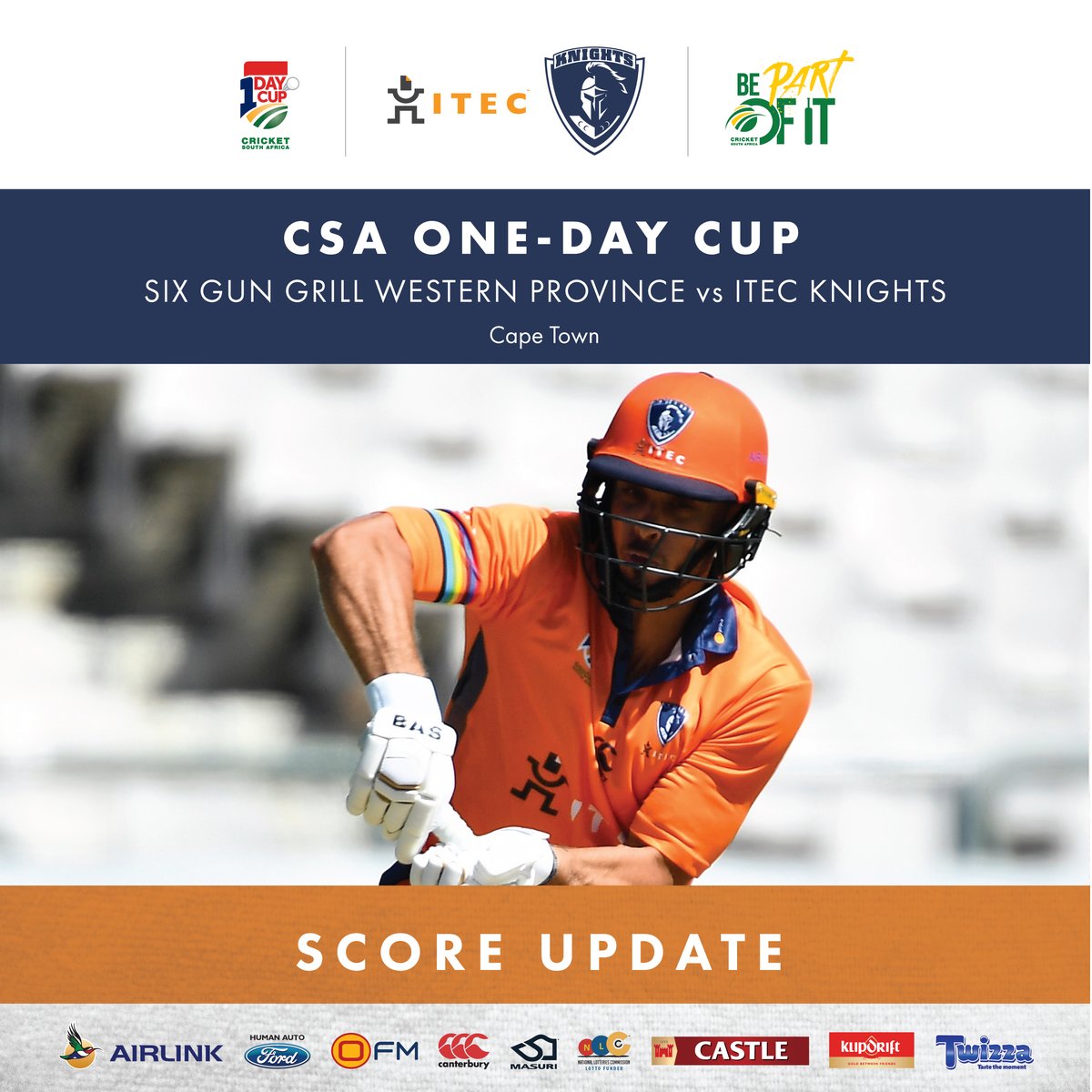 KnightsCricket's tweet photo. CSA #1DayCup
๐ฆ๐๐ข๐ฅ๐ ๐จ๐ฃ๐๐๐ง๐ | INNINGS BREAK
SIX GUN GRILL Western Province vs ITEC Knights
Knights | 304/6 (50 ov)
Kleinveldt - 68 (80b)
van Tonder - 54 (82b)
Kruger - 53* (34b)
Rossouw - 48 (31b)
Western Province need 305 runs to win
#BePartOfIt
#BackInOrange https://t.co/M8eOhZ7IFx