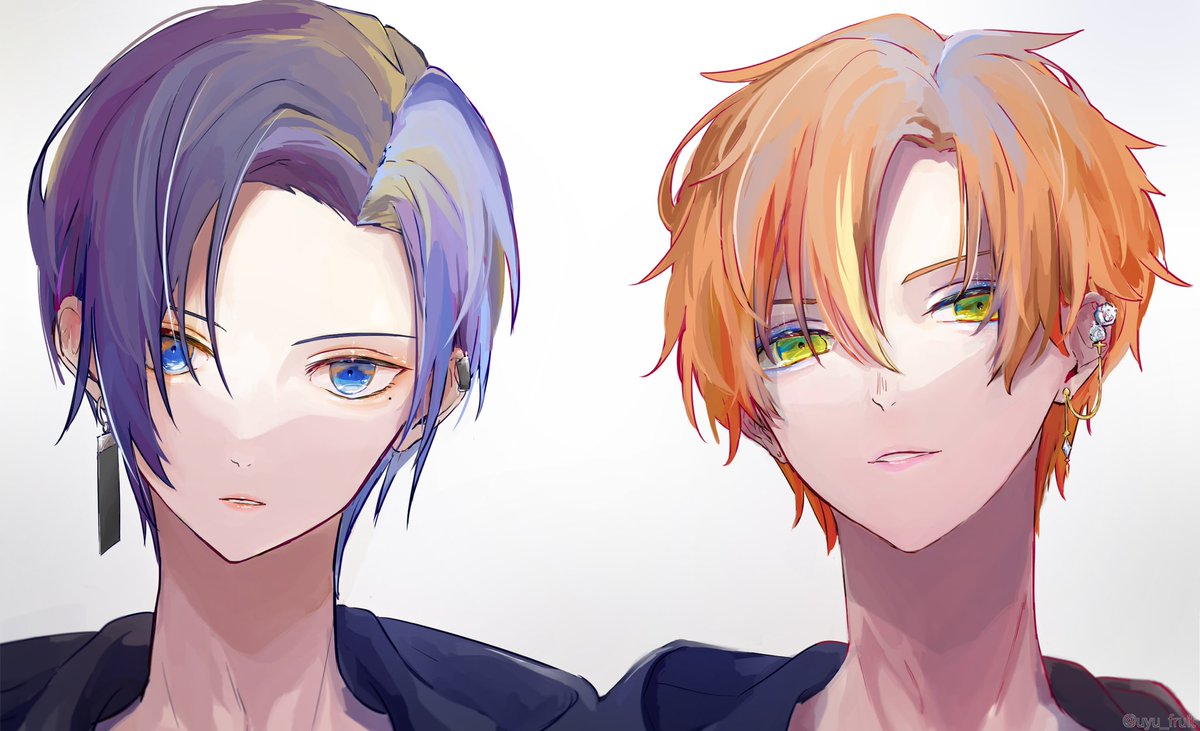 blue eyes 2boys jewelry earrings multiple boys orange hair piercing  illustration images