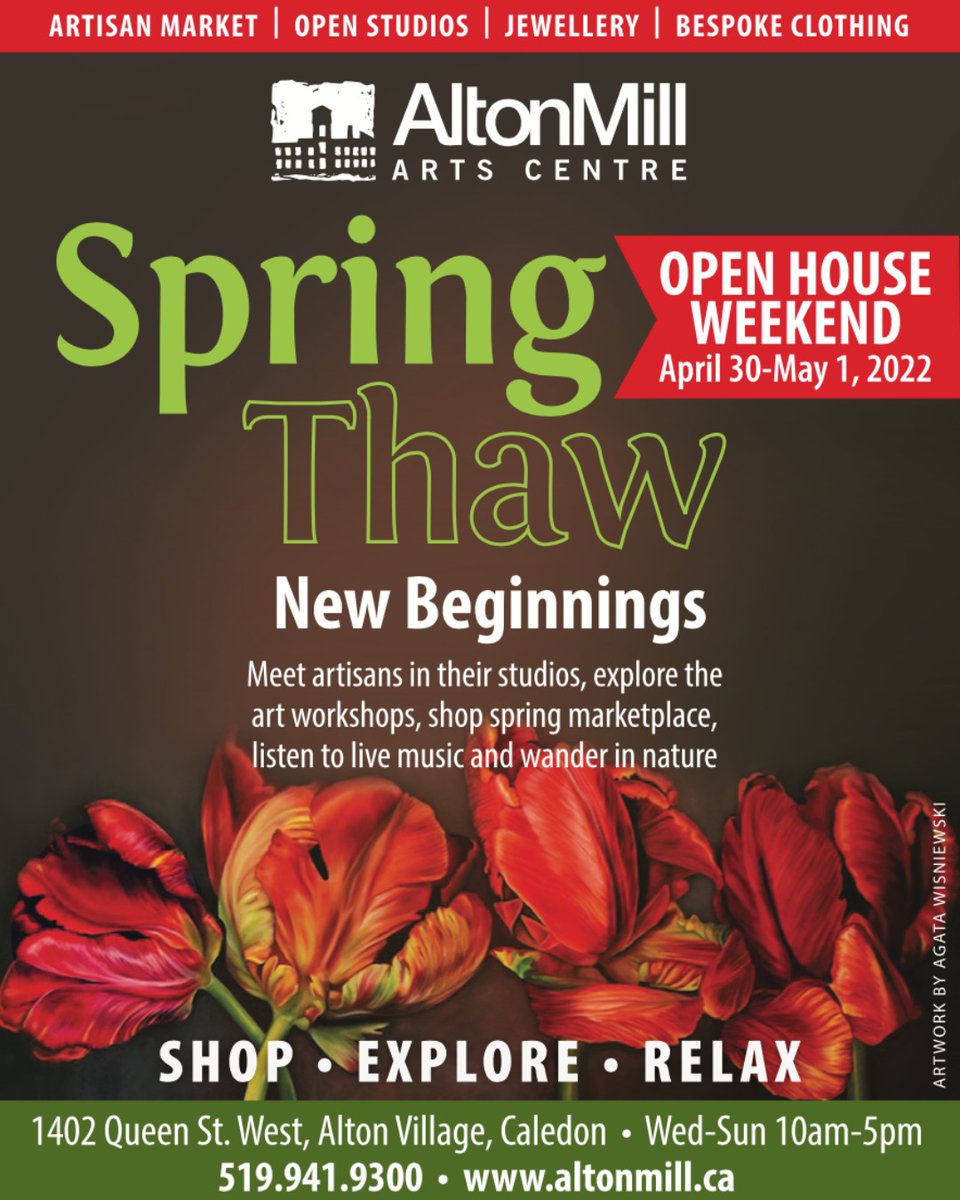 Our Spring Open House returns to the Alton Mill on Saturday, April 30 - Sunday, May 1. Come celebrate the upcoming warmer months with open artist studios, shop our spring marketplace, and listen to fabulous live music!

altonmill.ca/visit/events/s…