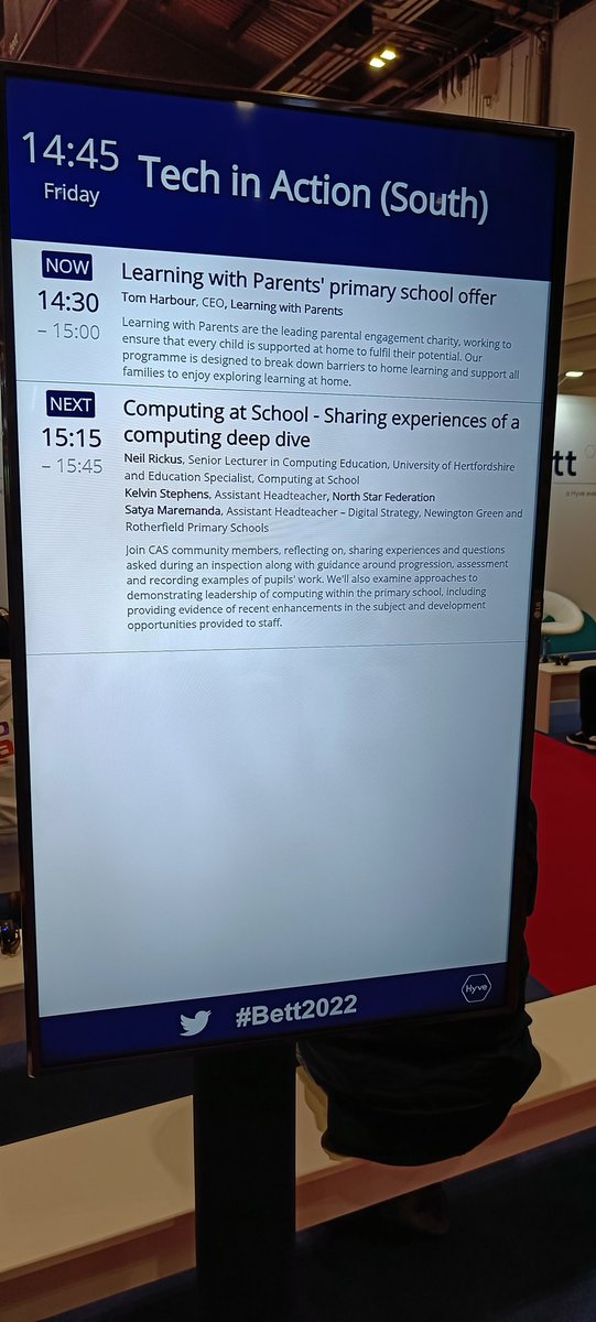 Afternoon to all folks at #Bett2022! Come and hear from some amazing teachers who will share their experiences of being involved in an Ofsted Deep Dive.

Join us at 3.15pm Tech in Action (South)

#leadership #computing #computerscience

<a href="/computingchamps/">Neil Rickus</a>
<a href="/KJSICT/">Kelvin Stephens</a>
@satyamaremanda