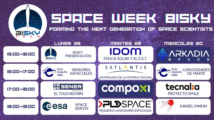 ¡El Space Week ya está aquí! Expertos de todos los campos vendrán a dar charlas sobre #espacio e #ingeniería el 28, 29 y 30 de marzo en la Escuela de Ingeniería de Bilbao.
Os esperamos 😉

Podréis seguir el evento en directo en este link: 
youtube.com/channel/UCdoxU…