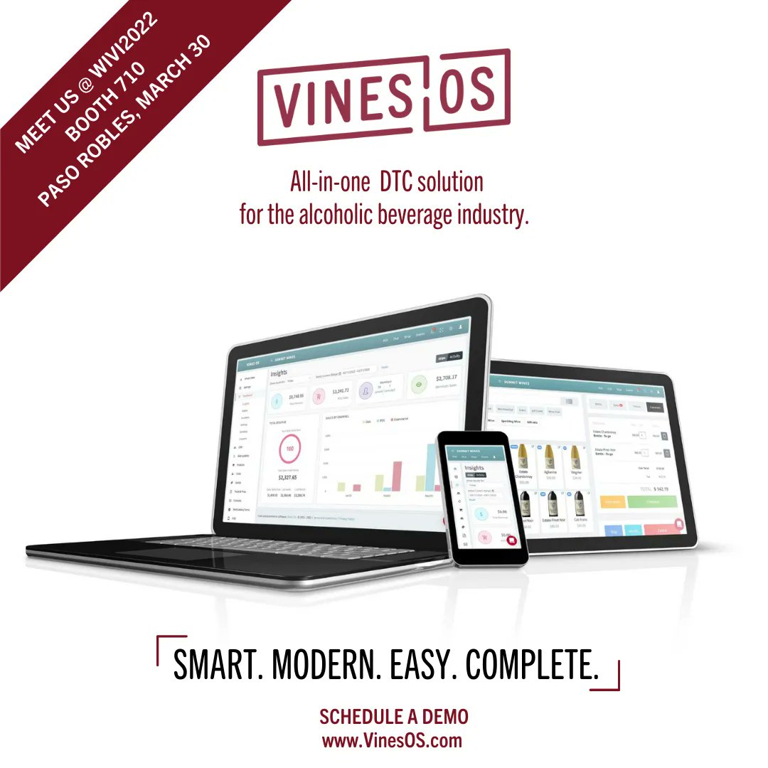 VinesOS is a smart, easy, modern, and complete solution to empower your DTC sales. Find us Wednesday at WiVi 2022, Booth #710 in Paso Robles to learn more about our new cloud-based Point of Sale. #POS #DtC #eCommerce #Club #sales #reservations #VinesOS