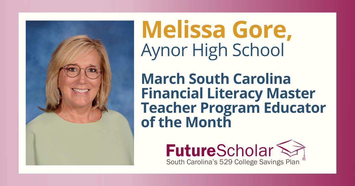 TreasurerLoftis's tweet photo. Congratulations to Ms. Melissa Gore of @AynorHighSchool (and @HCSInfo) for being recognized as the March South Carolina Financial Literacy Master Teacher Program Educator of the Month! 🎉

📃👀 Read the full announcement: https://t.co/ykwchUcv3p

#SCFLMT #financialliteracy https://t.co/lP5xg3TqsX