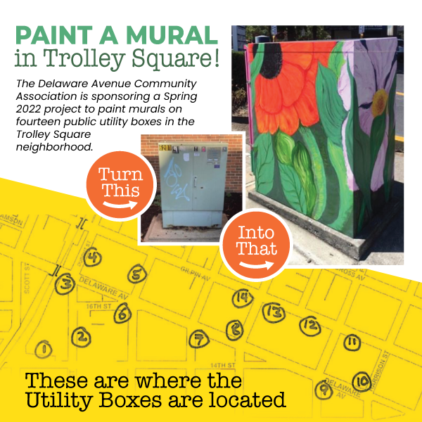 ArtsDelaware's tweet photo. The #Delaware Avenue Community Association is sponsoring a Spring 2022 project to paint #murals on utility boxes in #TrolleySquare. The Deadline to submit a proposal is April 29th. Detailed dimensions and locations are listed in the full #callforentries.
https://t.co/NzANFdQnwi https://t.co/B8vJWm1i7L