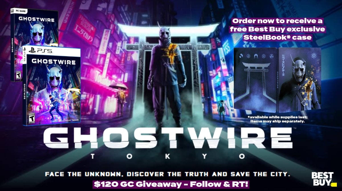 videogamedeals's tweet image. Face the unknown, discover the truth and save the city in Ghostwire: Tokyo, now available. Order now at Best Buy to get an exclusive SteelBook case, while supplies last.

Follow us &amp;amp; RT for a chance to win a $120 Best Buy GC! Ends 4/7, 9PM EST. #sponsored

bestbuy.7tiv.net/ghostwire