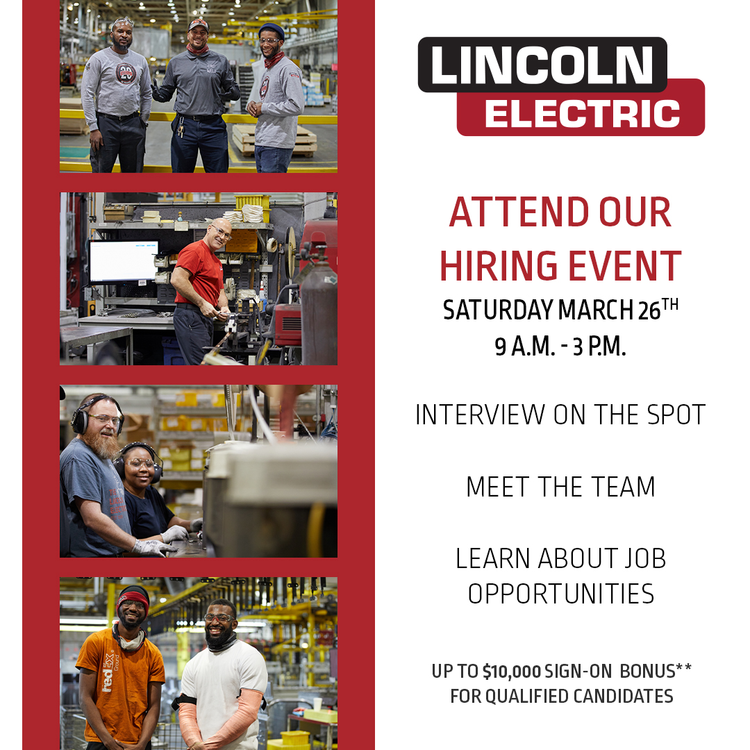 LECOCAREERS's tweet photo. Looking to make a change? Come to the Lincoln Electric job fair at the Lincoln Electric Welding Technology and Training Center on 3/26/2022 from 9:00 a.m. - 3:00 p.m. https://t.co/lIDFgX8sV2 #WeldRed #WeldRedNation https://t.co/uI0iG17vFC