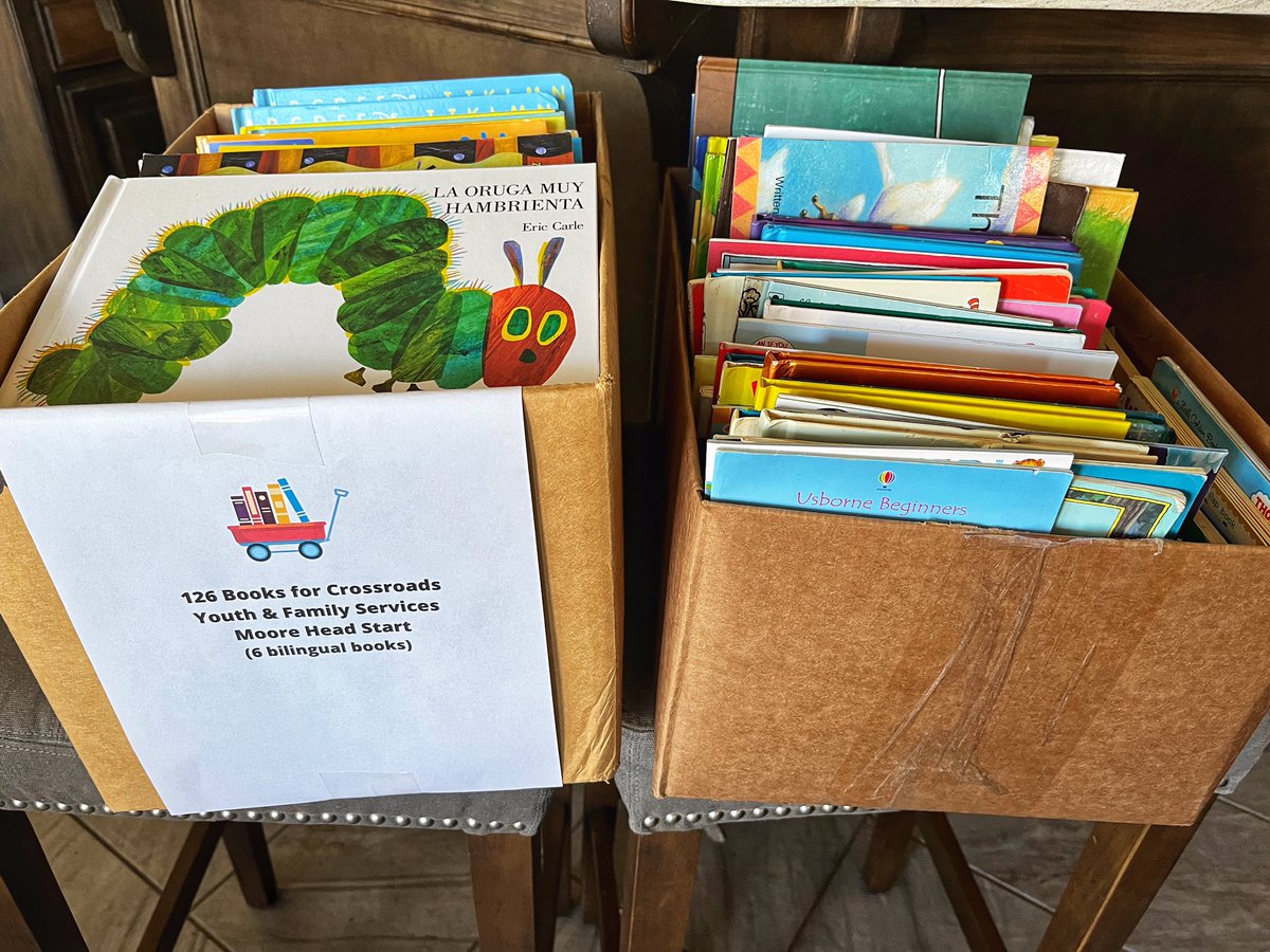 WagonRead's tweet photo. 126 books cleaned, boxed and delivered for kids at @CrossroadsYFSOK Early Head Start, Moore. #communitythroughbooks 📚❤️ https://t.co/rDt2GOPG0w