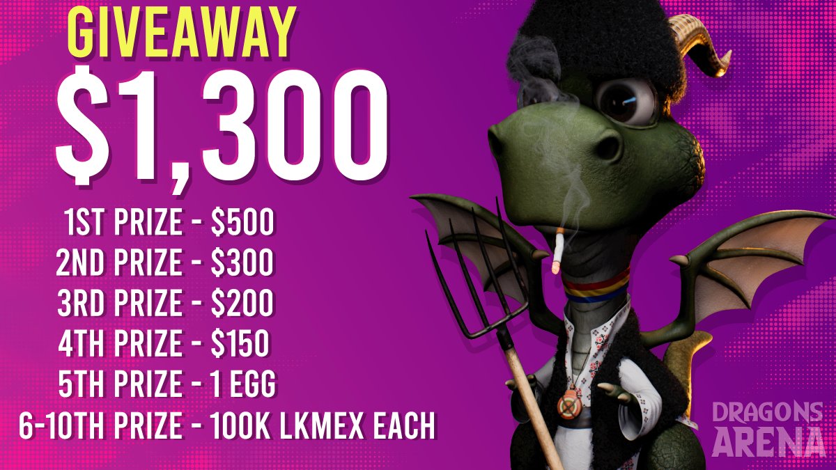 DragonsArena_io's tweet photo. Dragons Arena Giveaway - $1,300 Prize Pool

To celebrate our sold out pre-sales and because the public sale is approaching, we're giving away $1,300 USD to 10 winners!

Join the Gleam #challenge and try to win up to $500 USD.
⭐️Gleam: https://t.co/07WaTG57J7

Good luck Dragons🏆 https://t.co/9IEOYB0Id2