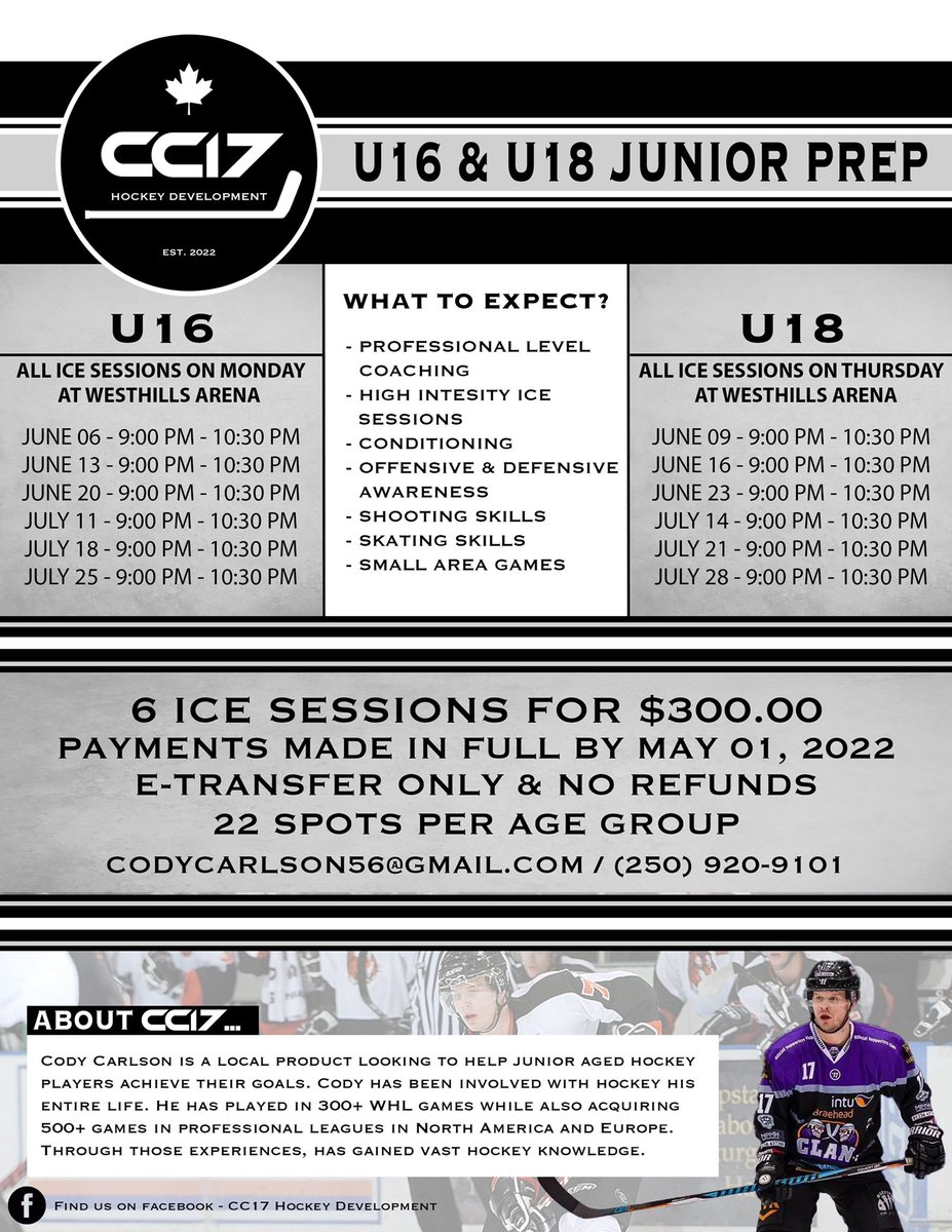 Few spots left in both groups! All ice slots are at Westhills arena.