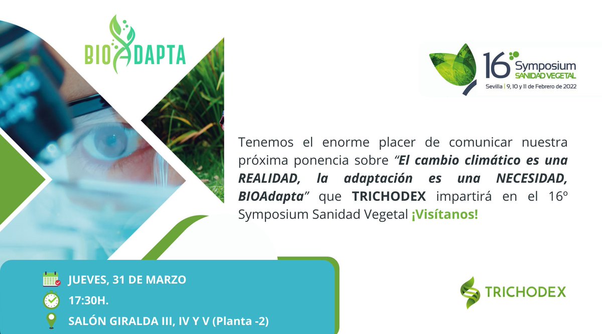 trichodex_es's tweet photo. TIC, TAC... ⏳ Nuestra cita es un auténtico must en tu lista de tareas... 

El próximo jueves 31,  TRICHODEX  impartirá su próxima ponencia sobre #BIOAdapta® a las 🕓 17:30pm en el 📍 Hotel Mélia Sevilla. Recuerda: ¡Nos vemos del 31 de marzo al 1 de abril! #SymposiumSV22 https://t.co/JFcH2ggC23