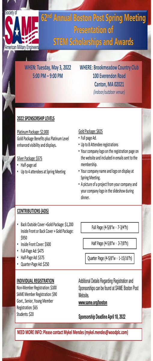 SAMEBoston_Post's tweet photo. Registration for the 62nd Annual @SAMEBoston_Post Spring Meeting is Open! Registration helps provide scholarships to students pursuing #STEM educations!! https://t.co/4hRyiWriTI https://t.co/MlqecHyVdE