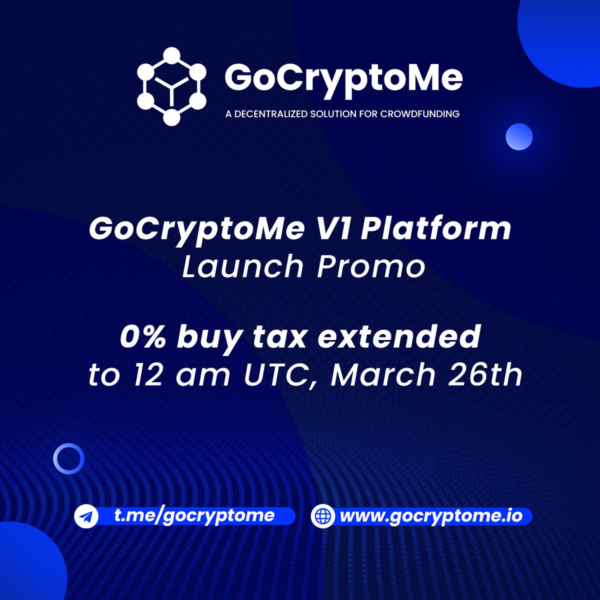 GoCryptoMeApp's tweet photo. 0% buy tax has been extended to 12am UTC March 26th! https://t.co/yKaKPknGbA