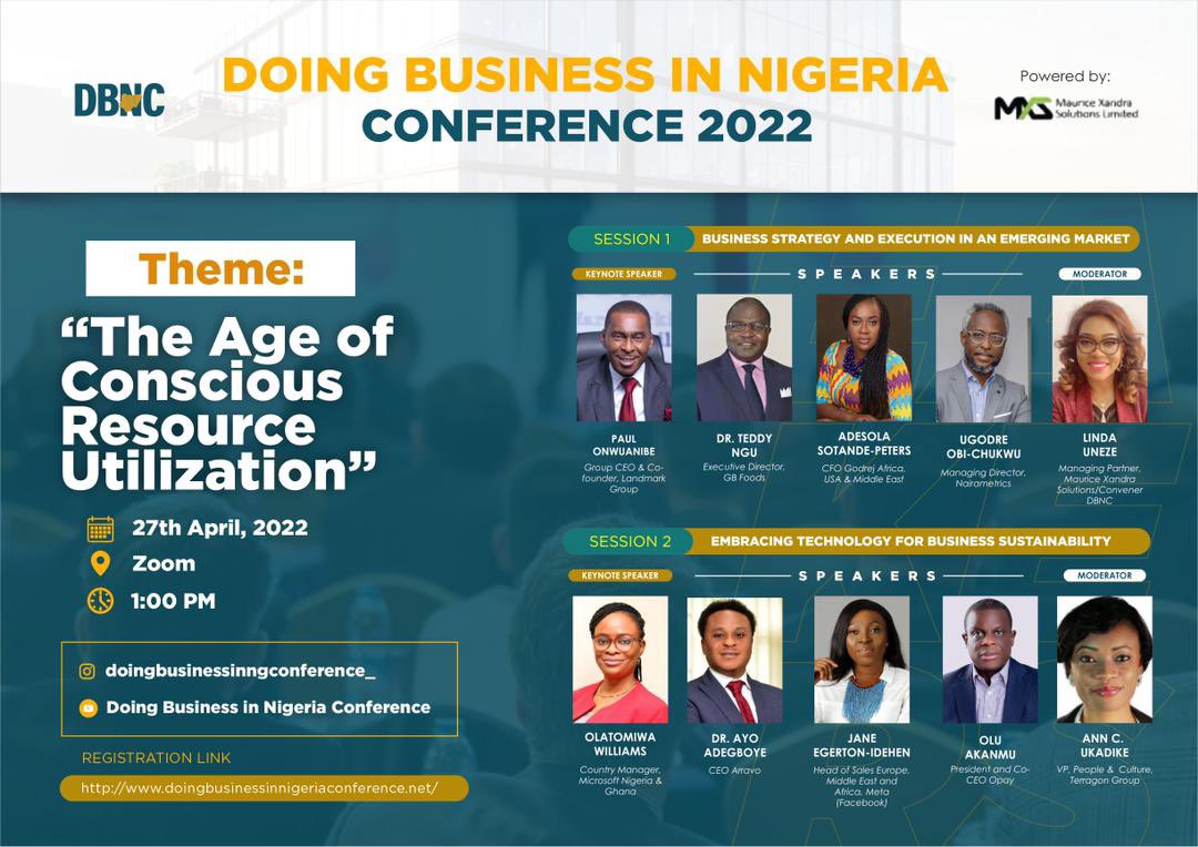 MauriceXandra's tweet photo. Doing Business in Nigeria Conference 2022

We are excited to present the second edition of DBNC themed "The Age of Conscious Resource Utilization".

This year's conference, notable leaders and industry experts will:

-> Provide insights on the realities and challenges https://t.co/YHHLBFvolf