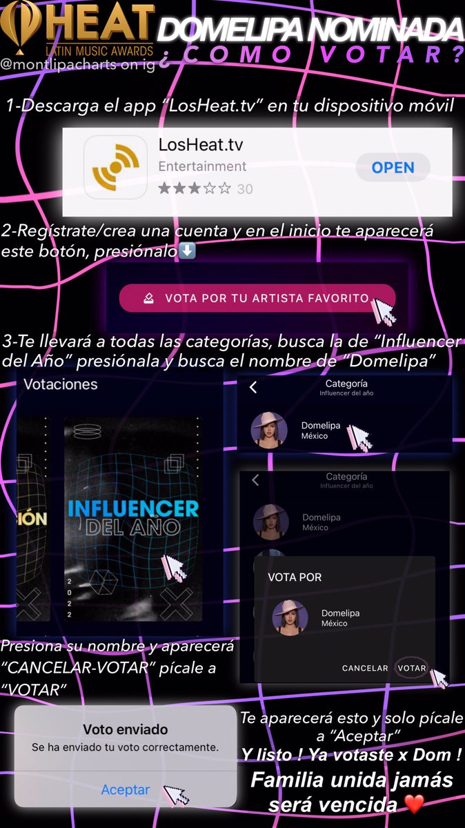 dzmeshines's tweet photo. dom está nominada a @lospremiosheat ! 
•por si alguien no sabe cómo votar, aquí esta una especie d “instructivo”
dice paso a paso q hacer para votar x @domeelipa 🖤
•si alguien tiene una duda mándeme msj por mi insta (montlipacharts) o por aquí ✨ https://t.co/VKQj4eSjGB