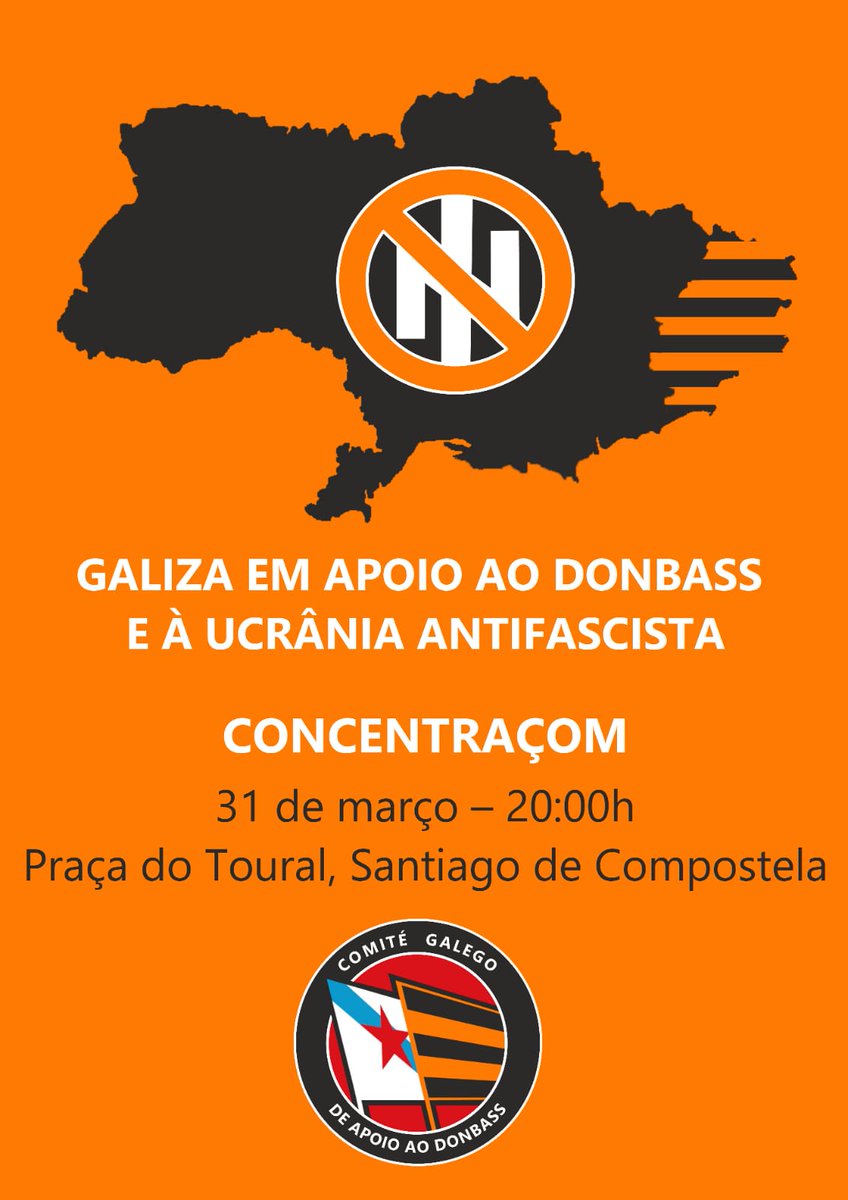 Galiza en apoyo al Donbass y a la Ucrania antifascista.
Concentración 31 de marzo 20h
Plaza del Toural, Santiago de Compostela.

#NoMasOTAN
#25marzo2022

<a href="/EmbajadaRusaES/">Rusia en España</a>
<a href="/mae_rusia/">Cancillería de Rusia 🇷🇺</a>
<a href="/teleSURtv/">teleSUR TV</a>
<a href="/ActualidadRT/">RT en Español</a>