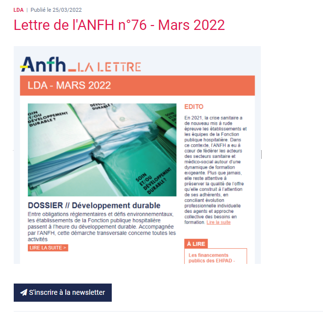 [Lettre de l'ANFH]📢

La nouvelle Lettre de l'#ANFH est en ligne, avec en exclusivité un dossier sur "Le #développementdurable : Tour d’horizon des actions et des bonnes pratiques en la matière."

🖥 Nous vous invitons à la consulter ! 🔎

lnkd.in/e8wYcbXa