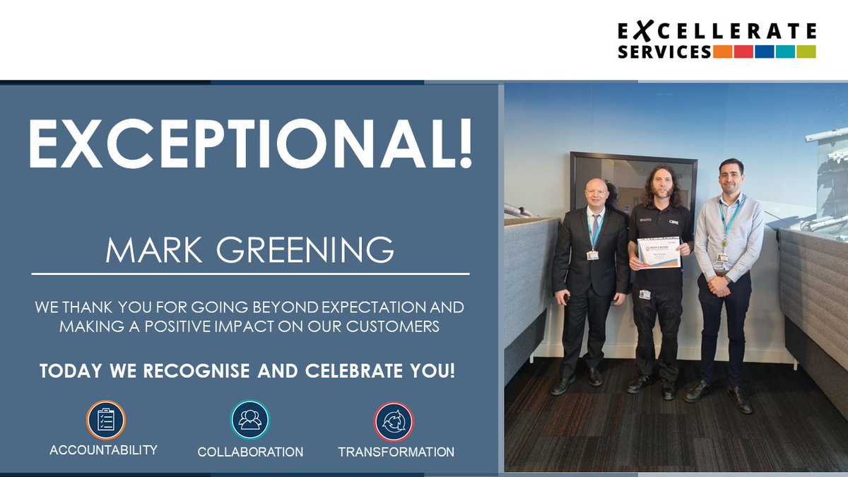 Today we recognise Mark Greening for embracing our values and being EXCEPTIONAL. From left to right: Richard Bench, ESUK AGM, Mark Greening &amp; Sean Counihan,  Account Manager 
#exceptionalpeople #cleaningservices #exceptionalsupervisor