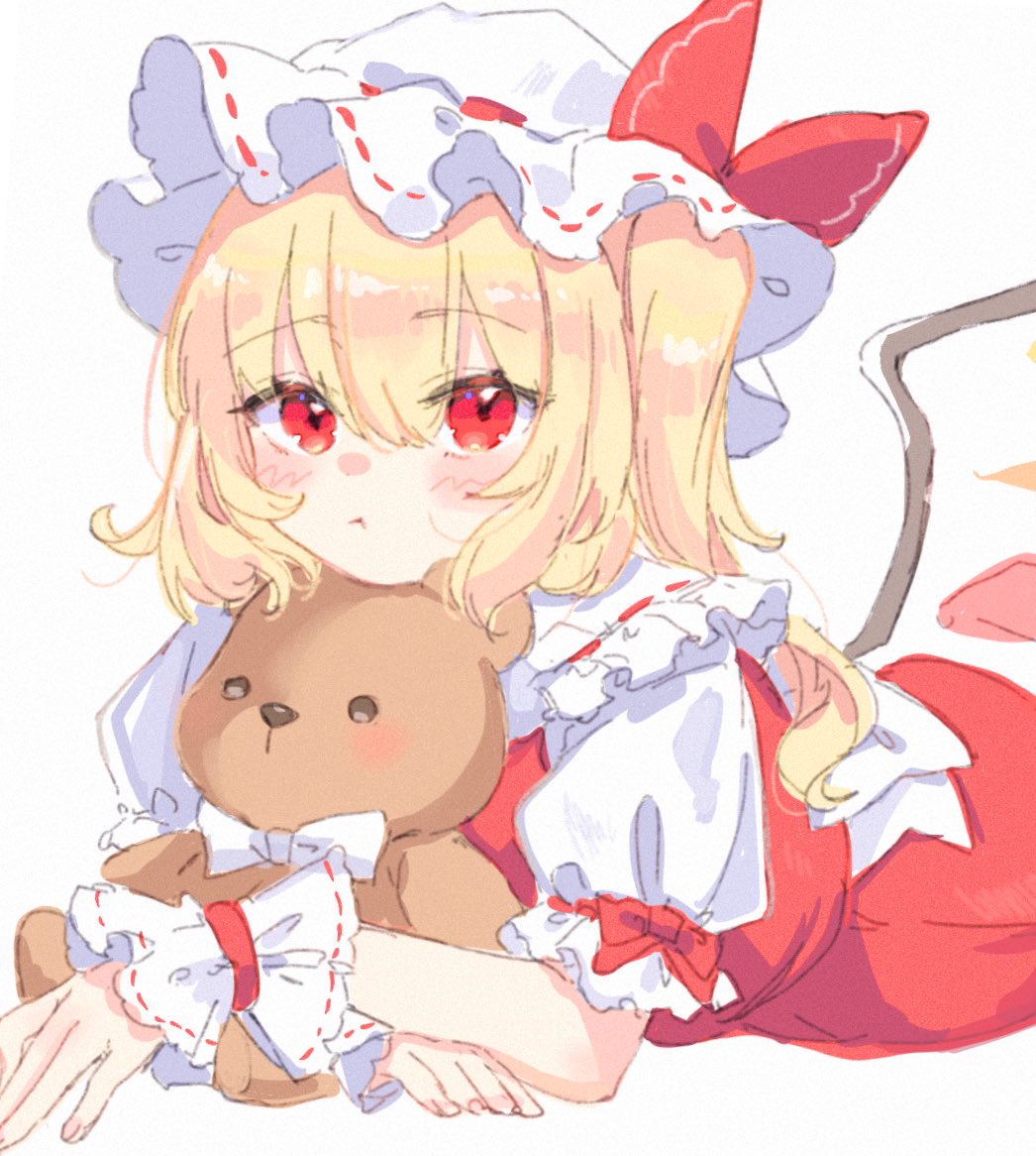 flandre scarlet 1girl blonde hair hat solo wings red eyes teddy bear  illustration images