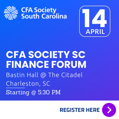 Join CFA Society of South Carolina for our 2022 Finance Forum in Charleston, on Thursday April 14, 2022 at Bastin Hall on the campus of The Citadel 

Register Here: cvent.me/PvvX7E