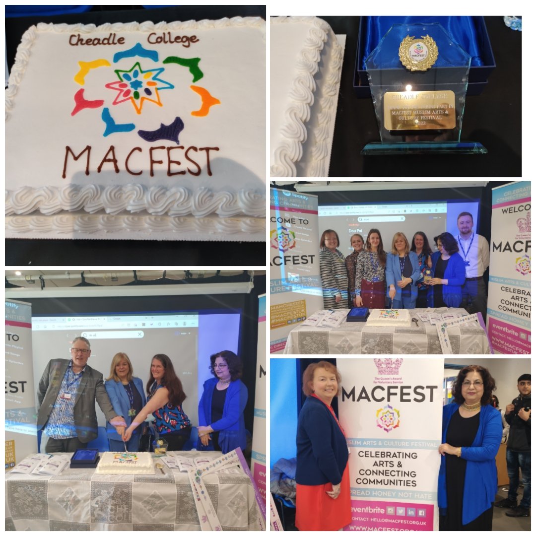 #macfest2022- an amazing day at @CheadleCollege @stock_college full of #art and #cultural activities with staff and students to celebrate #diversity and #Muslim #heritage. Here some pictures cutting the cake. @ManCityCouncil @QaisraShahraz @TraffordCollege @CheadleCollege