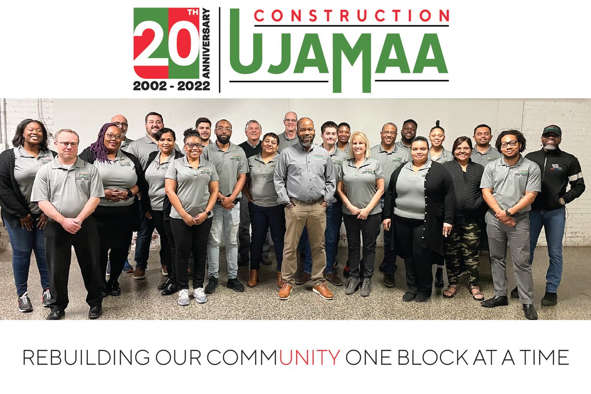 ujamaaconstruct's tweet image. For 20 years, we have been rebuilding the community one block at a time. Cheers to the next twenty years!!! #theujamaaway #construction #ujamaa