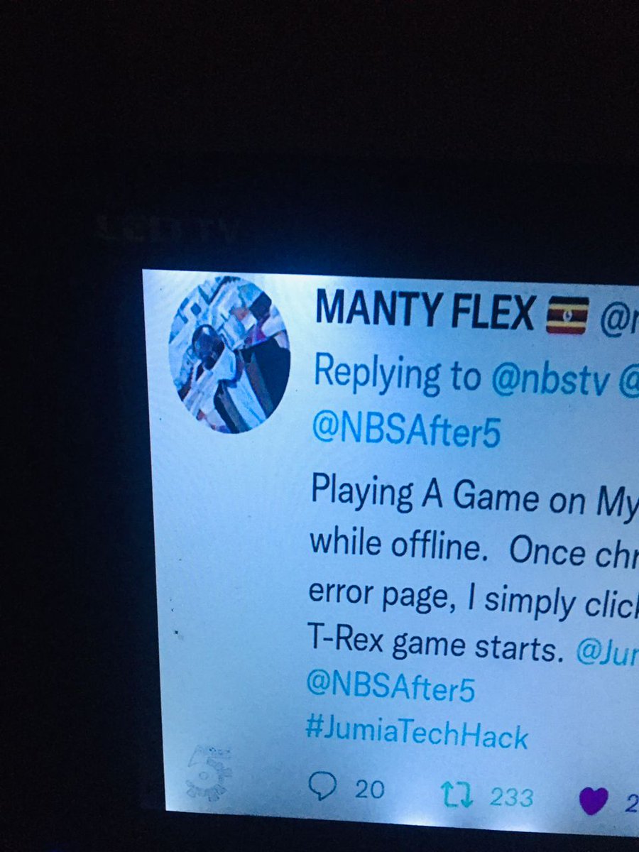 manty_flex's tweet photo. Hello @NBSAfter5, I've got multiple calls from friends & colleagues about my tweet being on TV during yesterday's show & I was among the winners. Unfortunately I was on the move and had not tuned in. I'd like get some clarity from you. Thanks. @DouglasLwangaUg
#JumiaTechHack https://t.co/mfh9nqGlT6