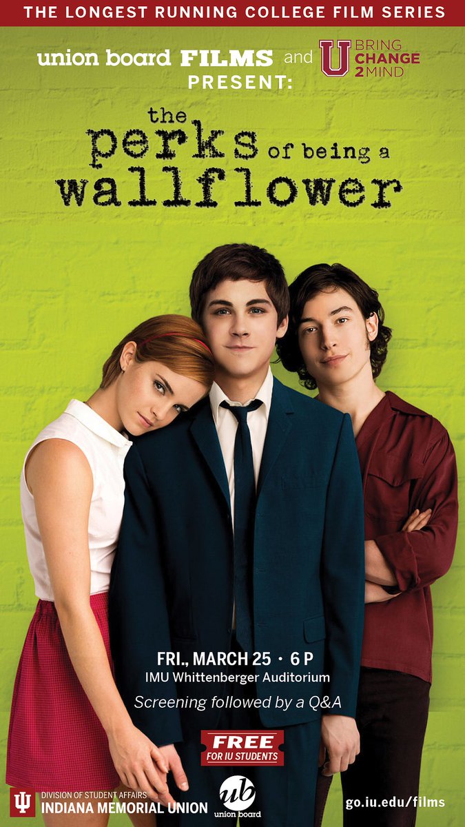 UBFilmsIU's tweet image. Tonight ONLY! Union Board Films is partnering with @UBC2M_IU for a showing of The Perks of Being a Wallflower at 6 PM followed by a Q&amp;amp;A! Admission is free to all students, make sure to RSVP on BeInvolved! See you there!