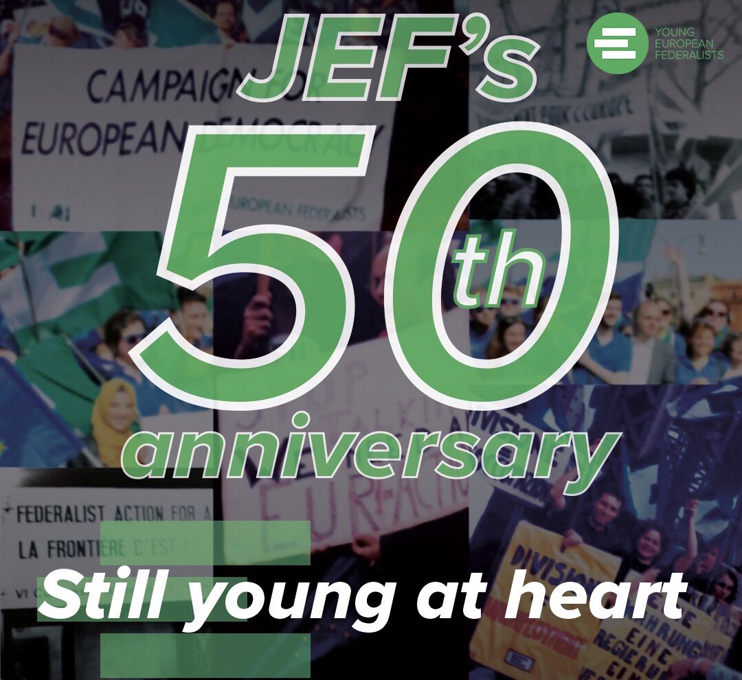 🥳JEF is turning 50 years old! 
💚Thank you for your support and commitment during these years!

🟢JEF will continue advocating for a democratic federal 🇪🇺

👉 Stay tuned for the launch of celebrations at our Federal Committee in 🇱🇺!
#toFedEU #JEFspirit #SleepLessEuropeMore