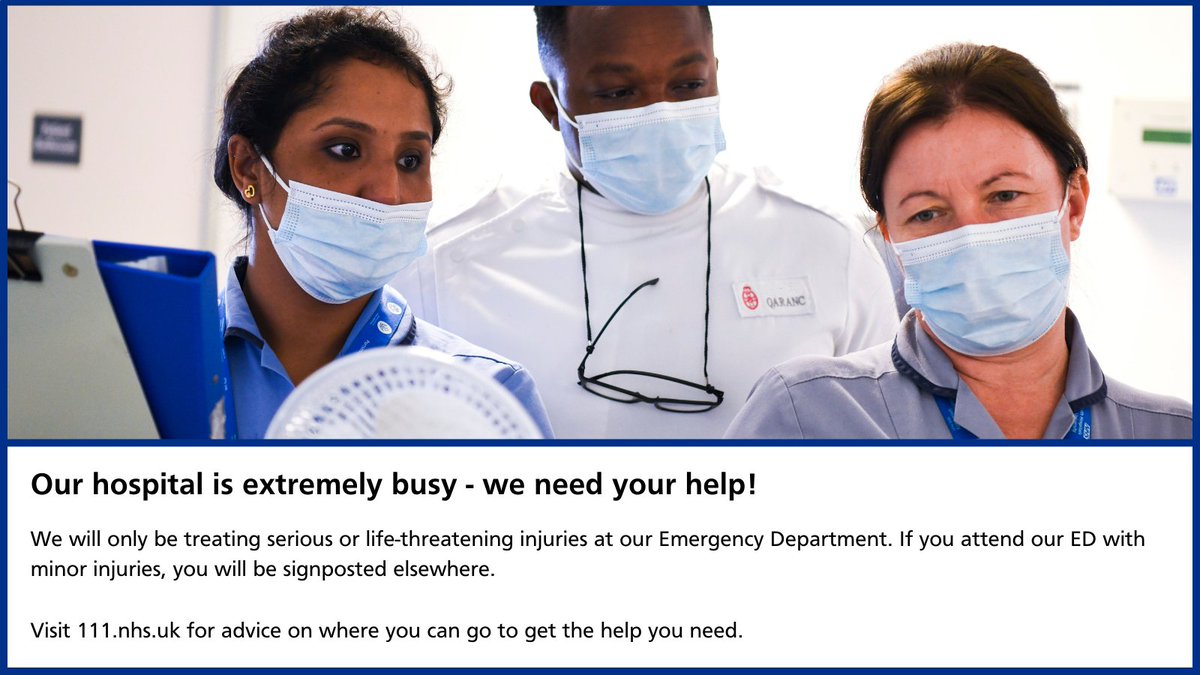 PHU_NHS's tweet photo. As we head into the weekend, we need to ensure our staff can treat the most serious and life-threatening injuries and conditions at our Emergency Department 

- please don’t attend unless you have to. 

Contact https://t.co/7f0Y2bhK3O for advice on where to go instead. https://t.co/Co1beknw8M