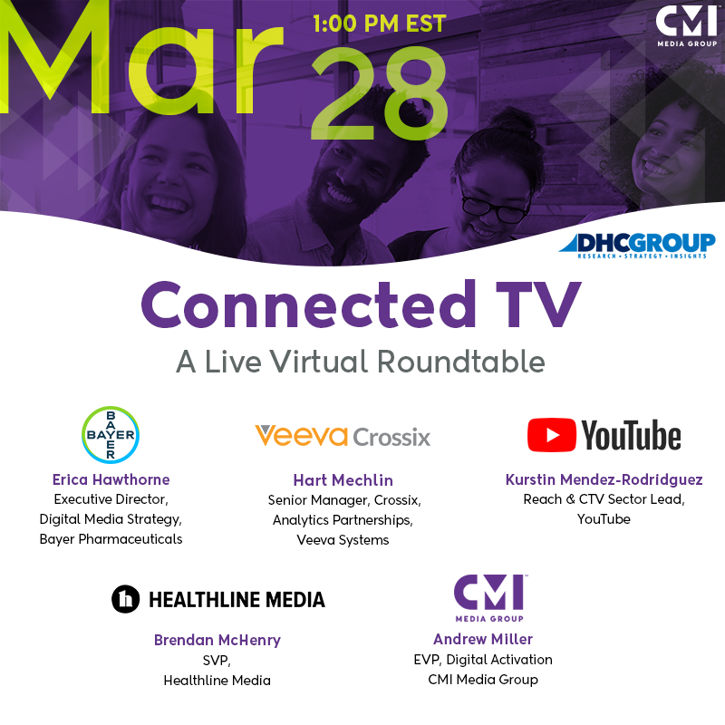 CMIMediaGroup's tweet photo. .@Andrew_Miller1 will be moderating an exciting panel focusing on reaching key audiences via Connected TV in partnership with @DigitalHealthCo and featuring speakers from @YouTube, @Bayer, @veevasystems &amp; @Healthline. Register for free here: https://t.co/EJX8VpGcPf https://t.co/7d0bpoX69j