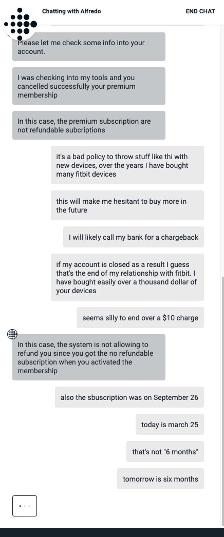 DavemanQ's tweet photo. @Fitbit @FitbitSupport Why does your support personal lie? I was told I need to cancel 10 days before renewal I asked for evidence and was given a link to the terms and service that says I can cancel ANY TIME. Fitbit is dishonest. It's still in time to cancel per your rules. https://t.co/YpGDLWxd0b