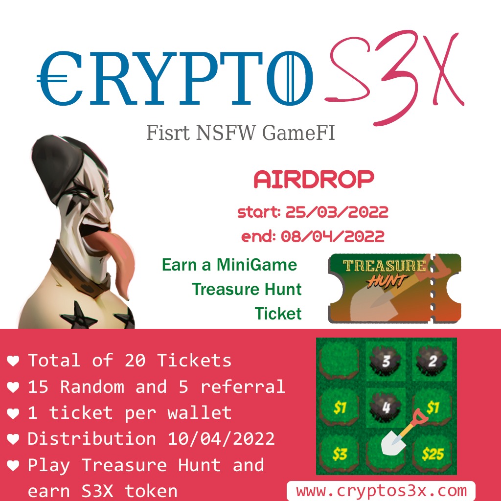 CryptoS3x's tweet photo. AIRDROP - Win CryptoS3X Treasure Hunt tickets
Play, have fun and earn S3x Tokens

https://t.co/amoXd3jFqH https://t.co/Pds0IOnwNx