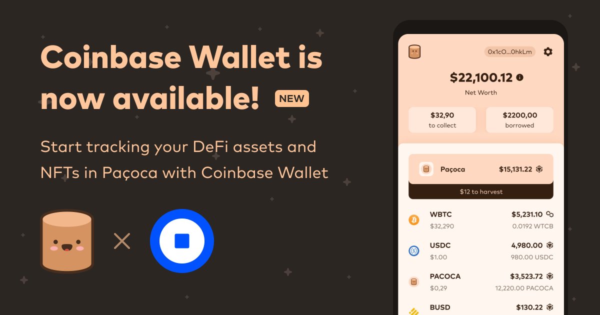 pacoca_io's tweet photo. 🎉 @CoinbaseWallet is now available!

🥰 Use your Coinbase wallet to easily connect to Paçoca and track your DeFi assets and NFTs. https://t.co/EsYUsvQyB2