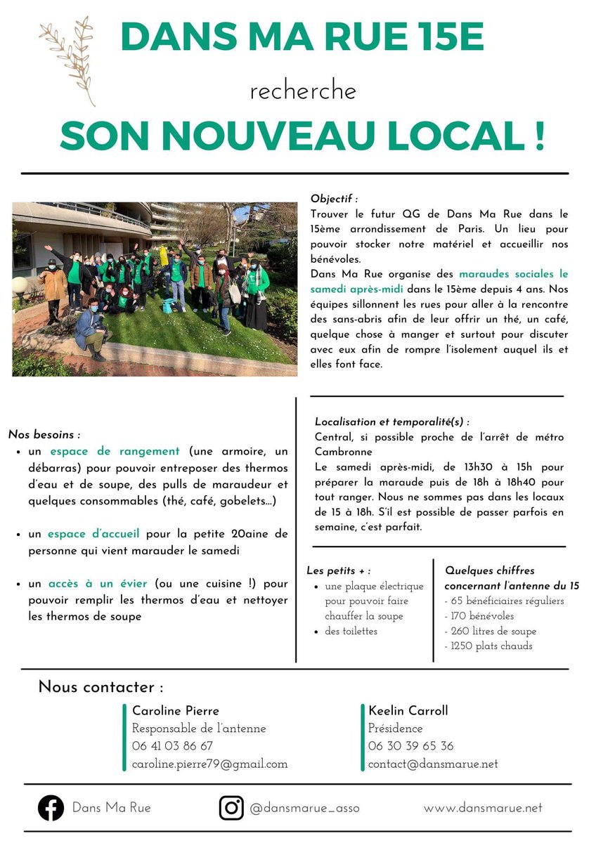 On recherche un nouveau local pour notre antenne du 15ème, contactez-nous si vous avez des pistes !

#association #maraudes #Paris15