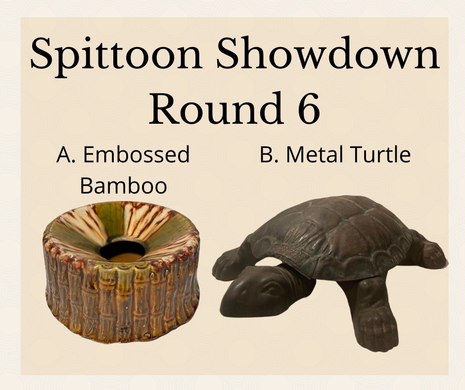 Round 6 of Spittoon Showdown has this 20th century embossed green and brown bamboo going up against visitor favorite metal turtle. If you step on the turtle's head, the shell lifts up to show a hidden bowl beneath!

Vote for your favorite below!