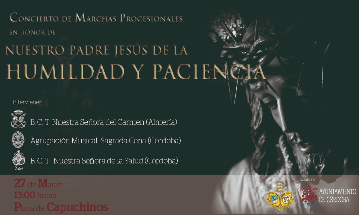 🔴 CERTAMEN PAZ Y ESPERANZA 🔴

El domingo 27 participaremos en dicho certamen donde estrenaremos las marchas:
- La Mirada del Nazareno (Emilio Muñoz)
- La Paz esté con nosotros (Adp. Fernando Trujillo)

¡Os esperamos!

#SuenaPoniente
