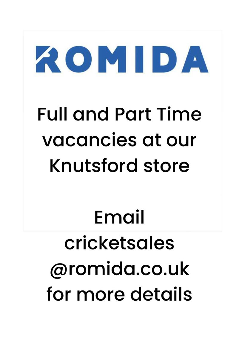 Want to join our team?
We currently have both full and part time vacancies at our Knutsford store. If you love #cricket and #hockey please email cricketsales@romida.co.uk for more information.