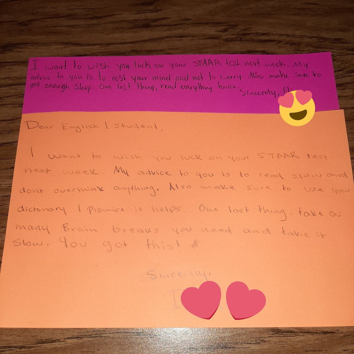 Eng4Patten's tweet photo. Our students did such an amazing job writing notes to freshmen students getting ready to take the English I STAAR. The notes were filled with great advice and lots of encouragement! Can't wait to deliver them❤ (Wipes tear) @MrsAMartin https://t.co/akIGTXlbp7