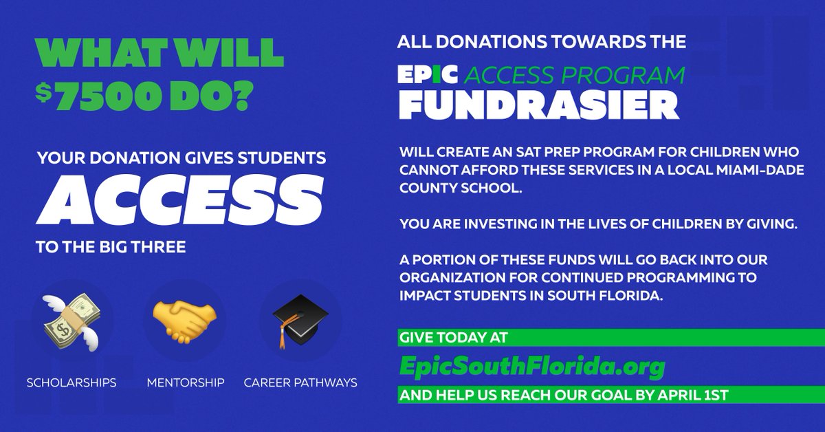 EPIC_FLORIDA's tweet photo. 💥YOU CAN MAKE AN IMPACT💥
All donations towards the #EPICAccessProgramFundraiser will FUND an SAT Prep program for children who cannot afford these services at a local Miami-Dade County School.
Give TODAY at https://t.co/IihX050fVX and be the reason a child receives support. https://t.co/YKJ7NRJFmg