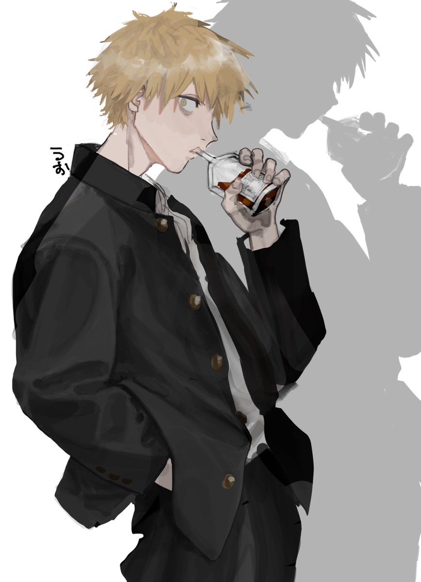 denji (chainsaw man) 1boy blonde hair male focus hand in pocket short hair white background holding  illustration images