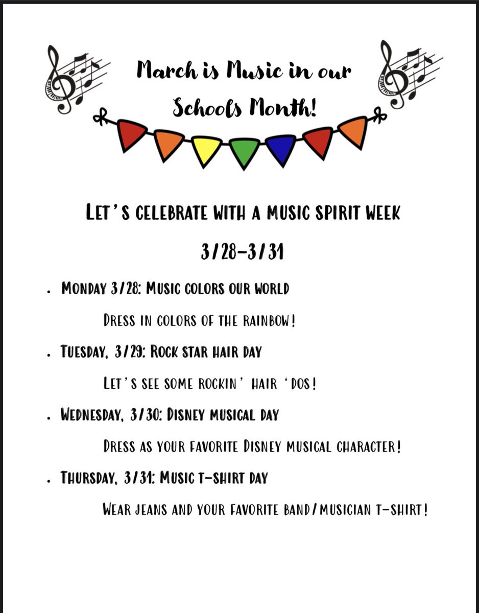 Hey Vincent Farm! Next week is music spirit week to celebrate MIOSM. Can’t wait to see you rock this! @VincentFarmBCPS @MusicBCPS