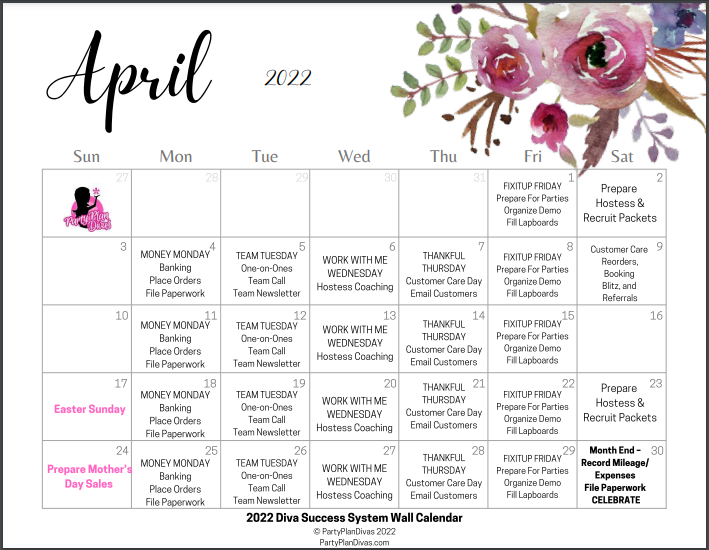It's coming up on a new month to grow your business &amp; the Diva Success System 2022 CALENDAR has you covered.
Now's the time to print off April if you haven't yet. Get the calendar:
partyplandivas.com/wp-content/upl…

Get on the diva list at PartyPlanDivas.com to get updates!