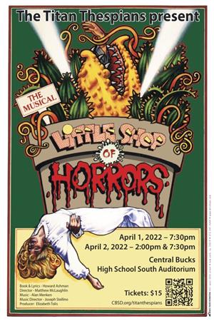 Stu Kesilman (@cbkesilmanart) on Twitter photo Come see the Titan Thespians musical “Little Shop of Horrors” at <a href="/CBSouthHS/">CB South</a> !
Fri 4/1 at 7:30 PM
Sat 4/2 at 2:00 PM & 7:30 PM
All Tickets: $15
<a href="/CBSDSchools/">Central Bucks SD</a> <a href="/CBSDMusic/">Central Bucks Music</a> #southside
Tickets available here:
purplepass.com/#232077/The_Ti… Come see the Titan Thespians musical “Little Shop of Horrors” at <a href="/CBSouthHS/">CB South</a> !
Fri 4/1 at 7:30 PM
Sat 4/2 at 2:00 PM & 7:30 PM
All Tickets: $15
<a href="/CBSDSchools/">Central Bucks SD</a> <a href="/CBSDMusic/">Central Bucks Music</a> #southside
Tickets available here:
purplepass.com/#232077/The_Ti…