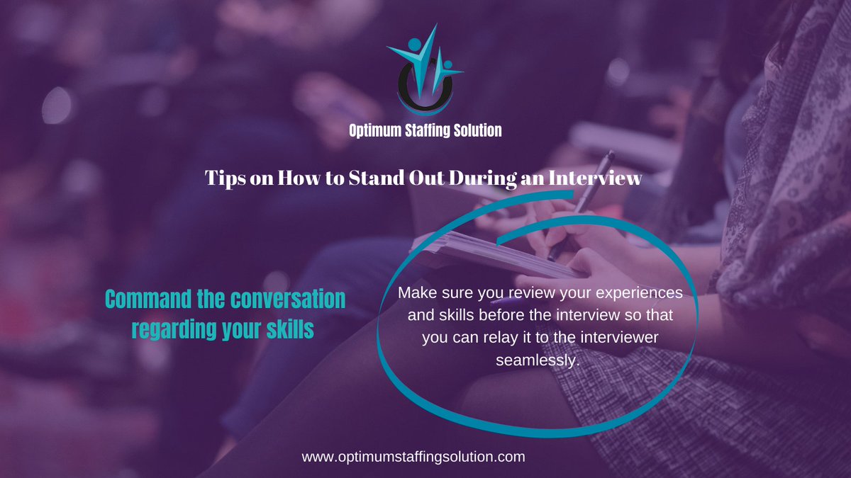 First impression lasts. Here are some tips to stand out during your interview.... 

Follow us on our Official Pages : 

Website : https://t.co/r6m3XuaBz7
Facebook Page : https://t.co/Ny7snyH0Vd
LinkedIn: https://t.co/MOfbyJUgc3
Instagram: @Optimumstaffingsol

#interviewtips https://t.co/6ClqqEt8zs