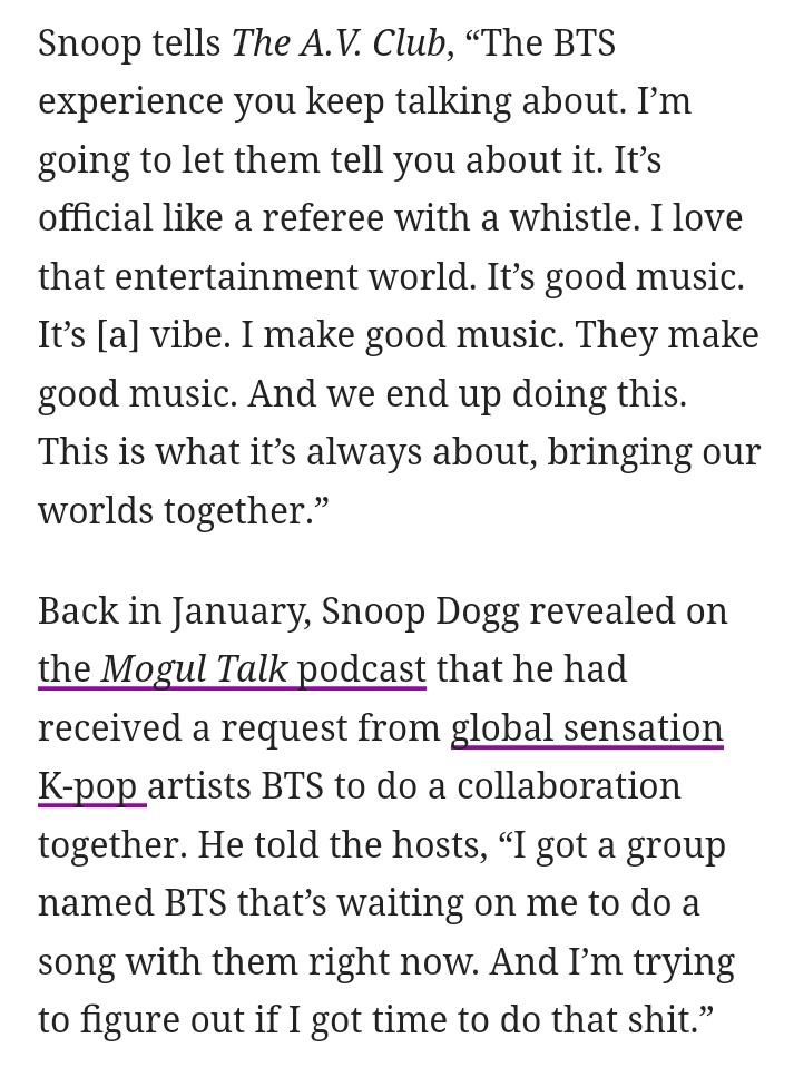 d20162023's tweet photo. @TheAVClub "On the ASC red carpet on Monday, legendary rapper snoop Dogg revealed that a collab with BTS is officially happening" 

"Official like a referee with a whistle"

It finally happening, comeback soon!! Now, bighit need confirm it. https://t.co/jmX7kYitxd