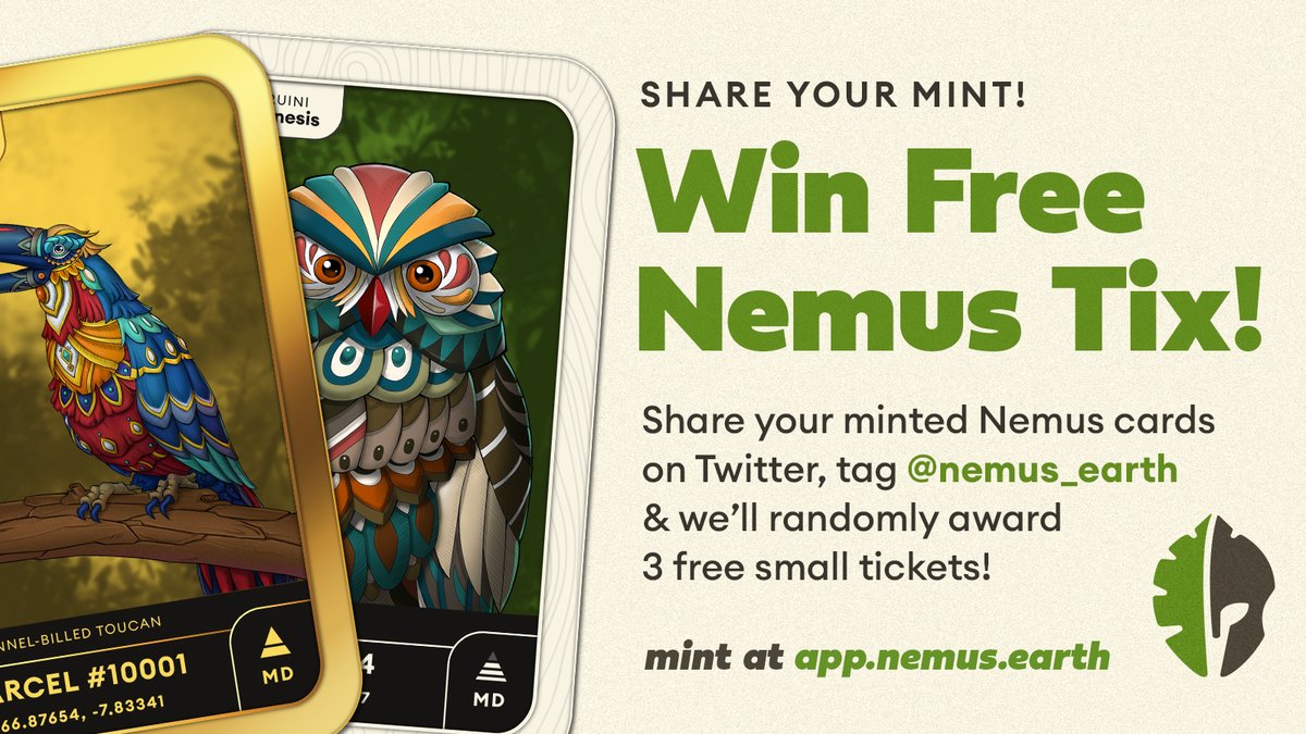 nemus_earth's tweet photo. Share with us what you minted &amp; we'll hand out 3 free small Nemus tickets later! Just tag @nemus_earth and include an image of your Nemus cards! #LFG 🌳💚🥳 https://t.co/YeslAsJfYk