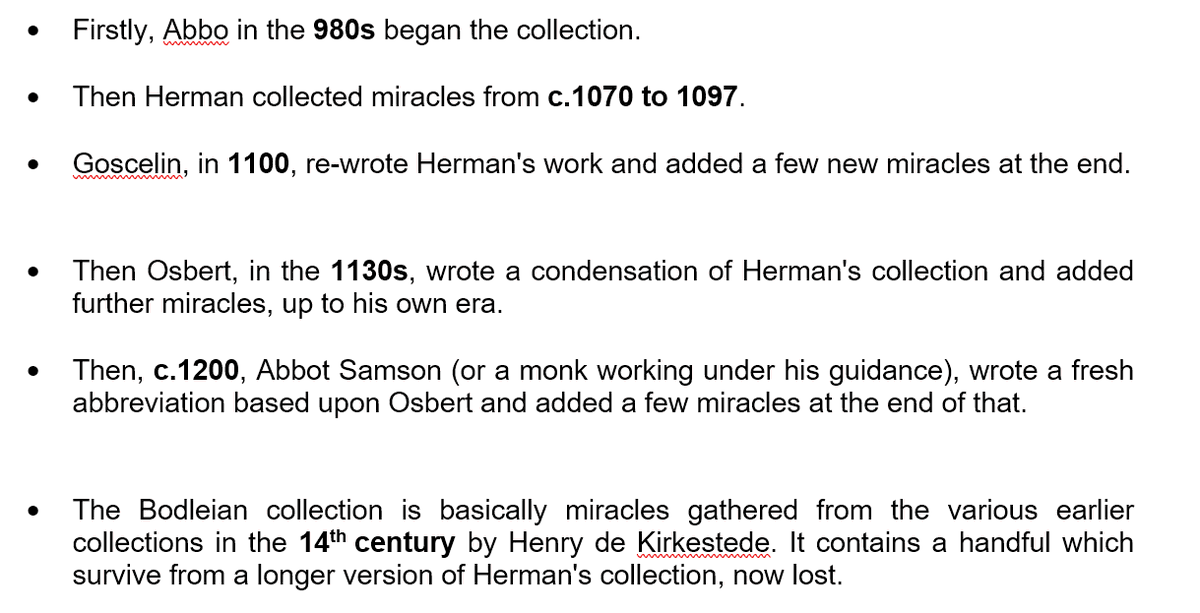 LukeDaly99's tweet photo. Studying #hagiographies can be really confusing as you can see below from the #miracle collections of St Edmund (of Bury St Edmunds). Every few decades it gets re-written meaning there are all sorts of changes, overlaps, edits, and additions to look out for.😅 
#Medieval #History https://t.co/tghSC9W9nP