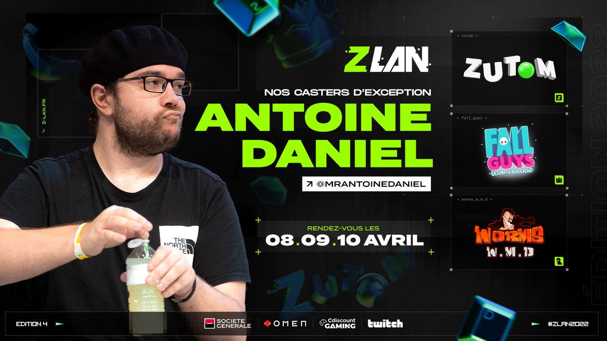 ZLAN_FR's tweet photo. Le quatrième et dernier commentateur qui assistera @ZeratoR pour la #ZLAN2022 est... @MrAntoineDaniel 💚

Il commentera Fall Guys, Worms W.M.D, ainsi que le Zutom ! https://t.co/Lza2UYX8lY