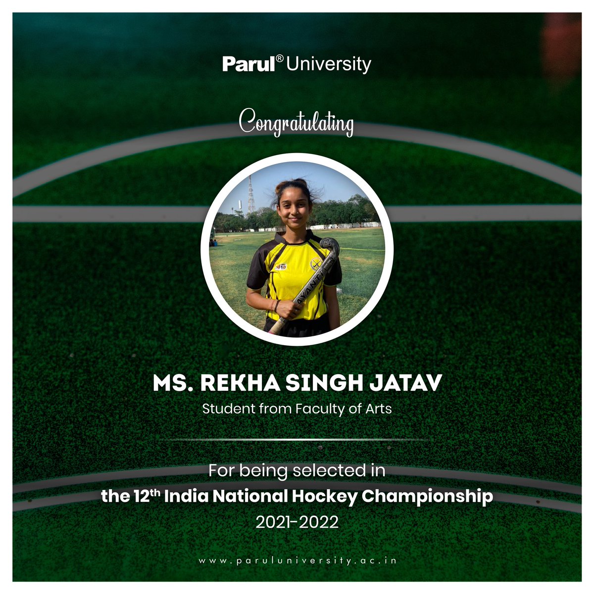 ParulUniversity's tweet photo. Congratulations are in order for Ms Rekha Singh Jatav as she is selected for the 12th India National Hockey Championship 2021-2022! 🏑

The tournament will be conducted from 25/03/22 to 03/04/22 at Kakinadi, Karnataka
We are super proud of her and rooting for her success. https://t.co/QwXofszDch